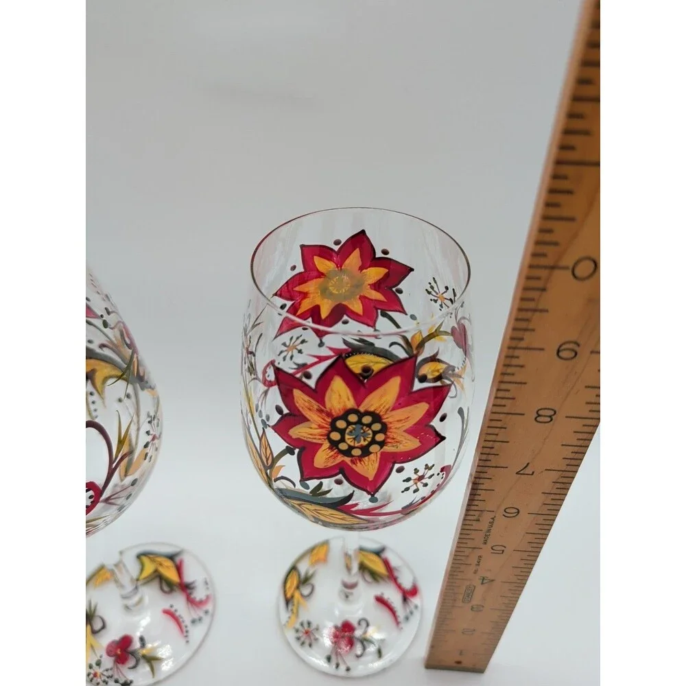 Pier 1 Carynthum Wine Glasses Hand Painted Fall Floral Set Of 2